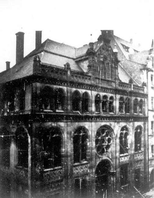 Façade of the synagogue on Essenwein St., Nuremberg that was destroyed in the Kristallnacht pogrom in 1938
