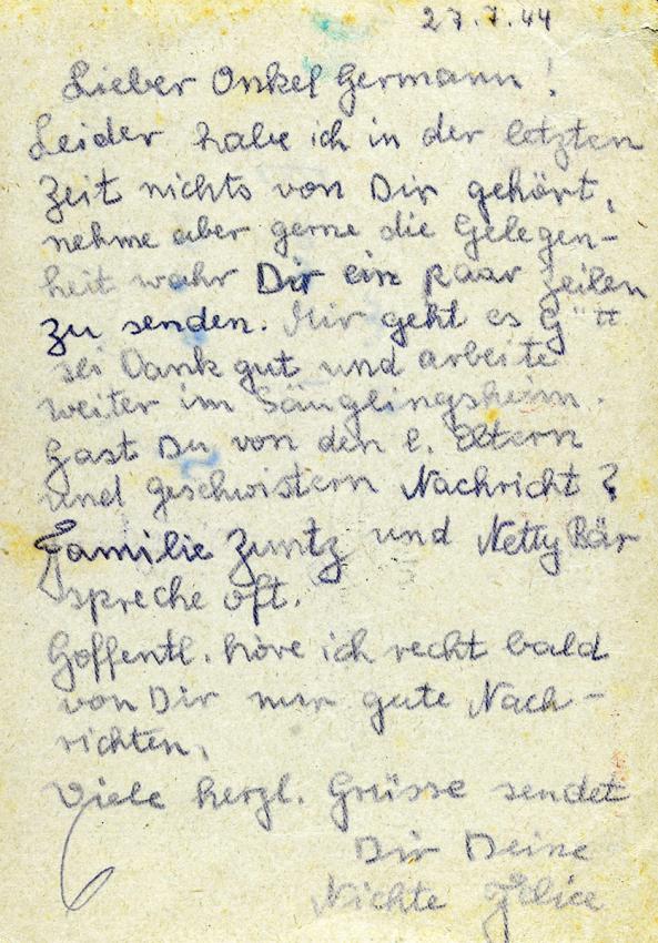 Postal que Felice Weil envió desde el gueto de Terezin a su tío, Herman Joelson, en Suecia, el 27 de julio de 1944. Felice fue asesinada en Auschwitz