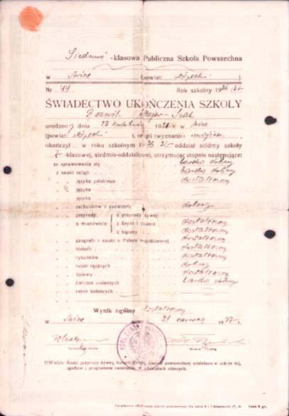 Certificate belonging to the student Yitzhak Reznik at the Polish elementary school in Mir, 1937