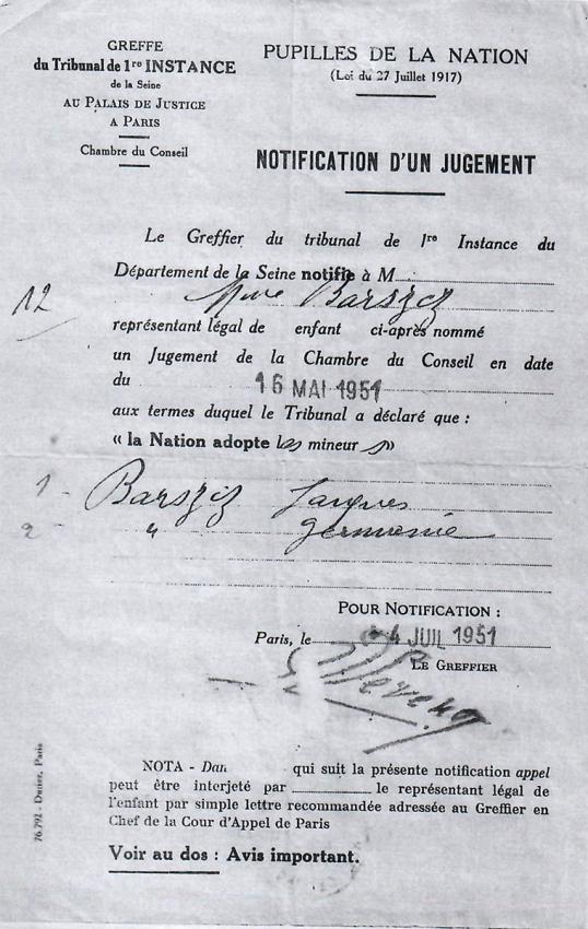 Notification de jugement de pupilles de la nation au nom de Jacques et Germaine Barszcz