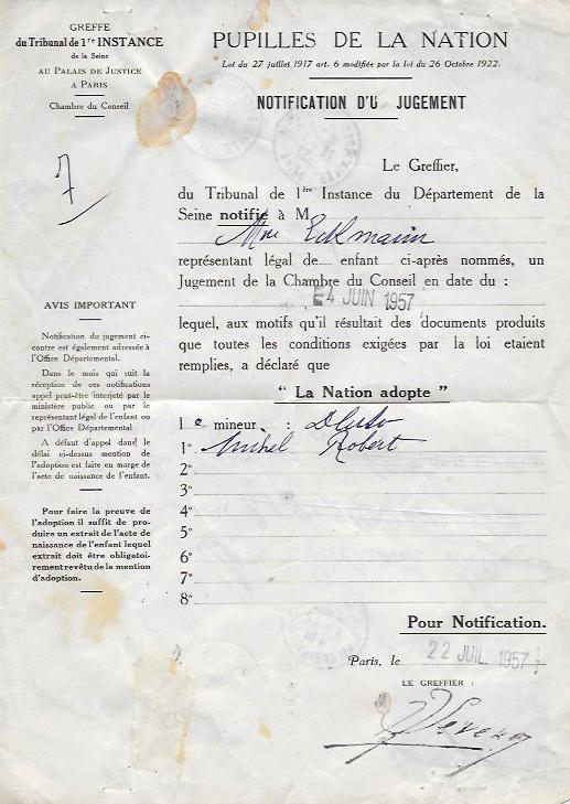 Notification de jugement de Pupille de la Nation au nom de Michel Dluto, délivré en 1957