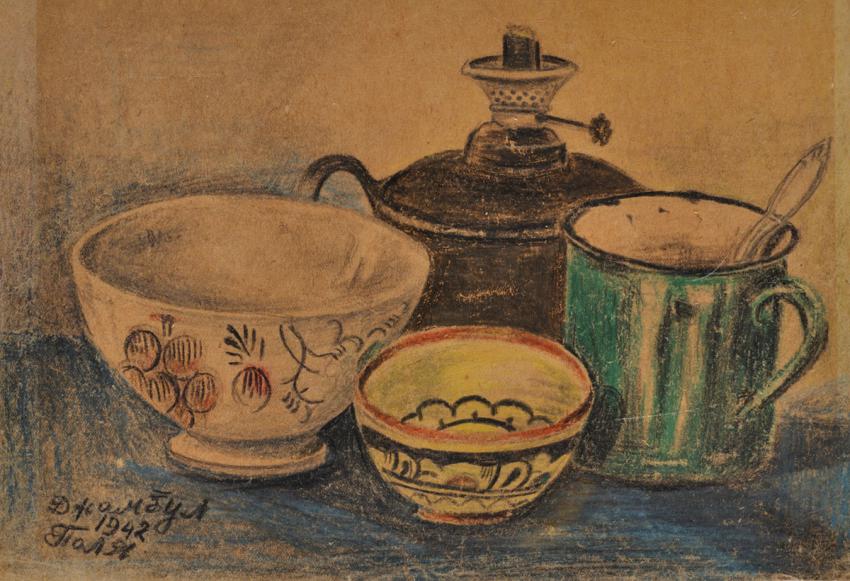 פולה ויצמן (1922, ינדז'יוב – 2016, הרצליה). כלי האוכל שלנו ביאנגי-יול, ז'מבול, קזחסטן, 1942