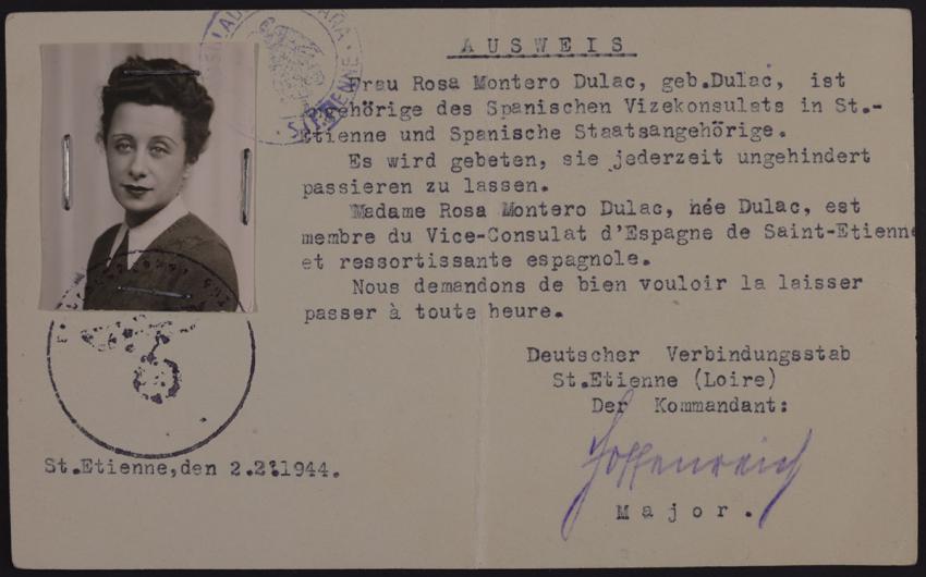 Ausweis/Laissez-passer en allemand et en français au nom de Rosa Montero, délivré le 2 février 1944 à Rosalie Skornicki par les autorités allemandes de Saint-Etienne.