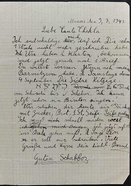 מכתב מברנד בשאטו מנואר לדודתו טקלה במחנה גירס, 9 ביולי 1943