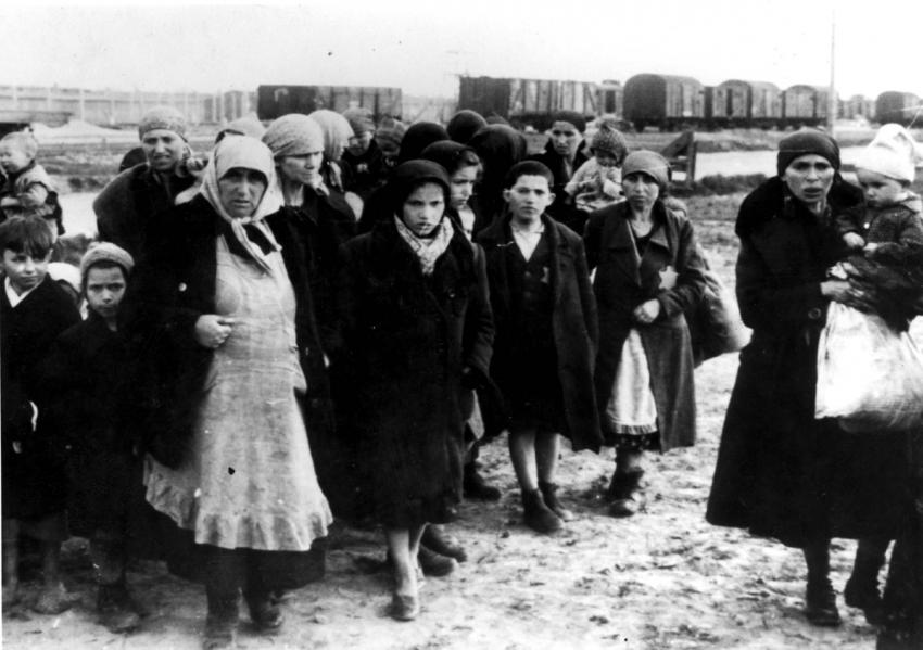Birkenau, Poland, Women and children deemed unfit for work on the way to the gas chamber, May, 1944