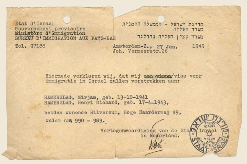 Zwi and Mirjam Hamerslag’s Aliyah Certificate