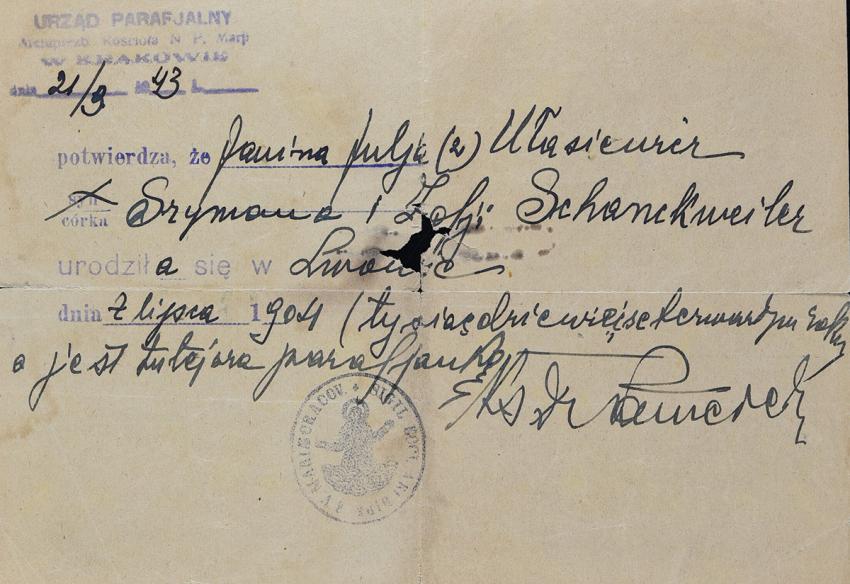 אישור מגורים בקרקוב משנת 1943 על שם ינינה יוליה אואסייביץ' (Ułasiewicz) - שמה הבדוי של אסתר טירס.