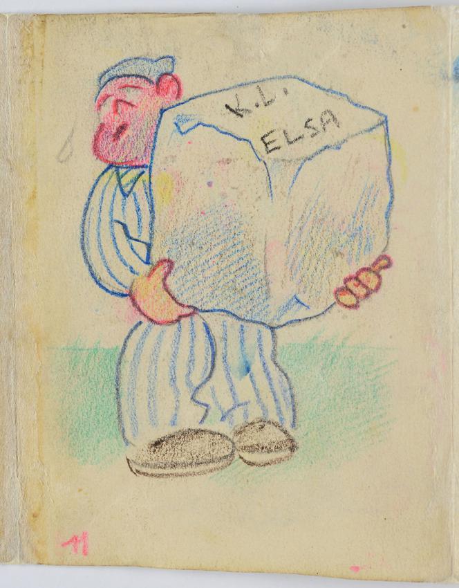   &quot;K.L. Elsa&quot;. A prisoner in striped clothing holds a heavy block inscribed with wording &quot;K.L. Elsa&quot;