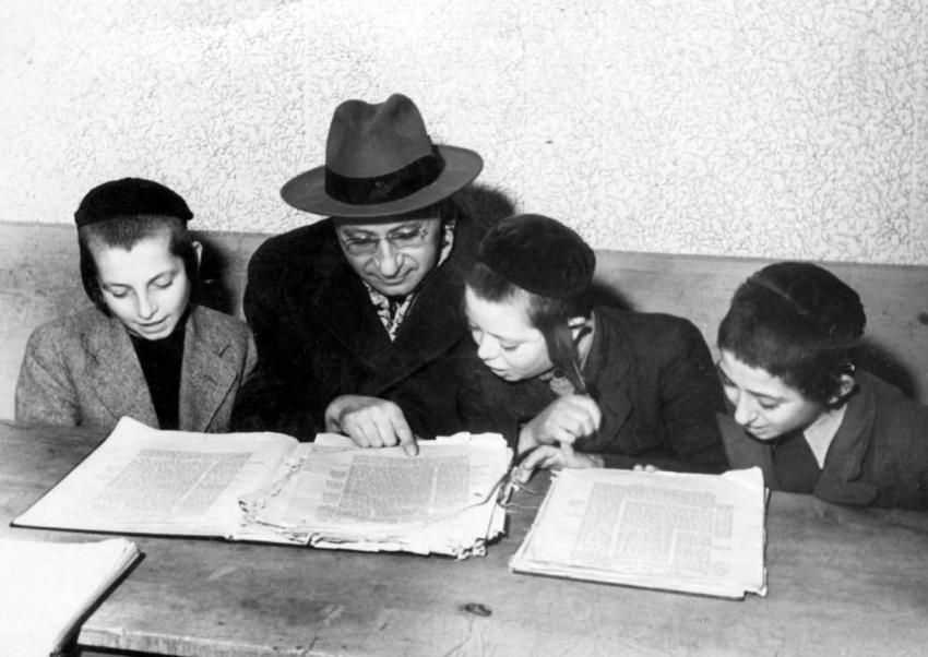 Professor William Haber at a Heder (traditional Jewish elementary school)