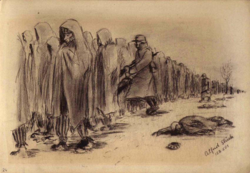 ایسرائل آلفرد گلیک (1921-2007) راهپیمایی مرگبار قسمتی از آلبوم &quot;هولوکاست من&quot; – اردوگاه آوارگان برگن-بلزن 1945 ذغال روی کاغذ