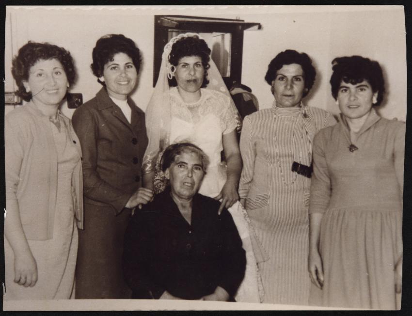 The female members of the Naim family after the war, at the wedding of Julia's sister, Dina.  Julia is standing second from the right.