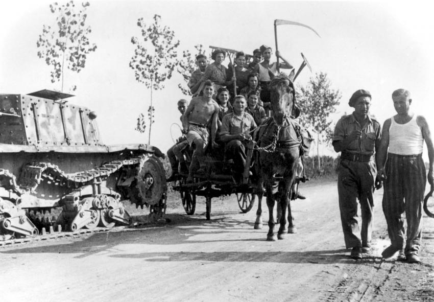 Hachshara members going out to work in the fields, Nonantola, Italy, 1945