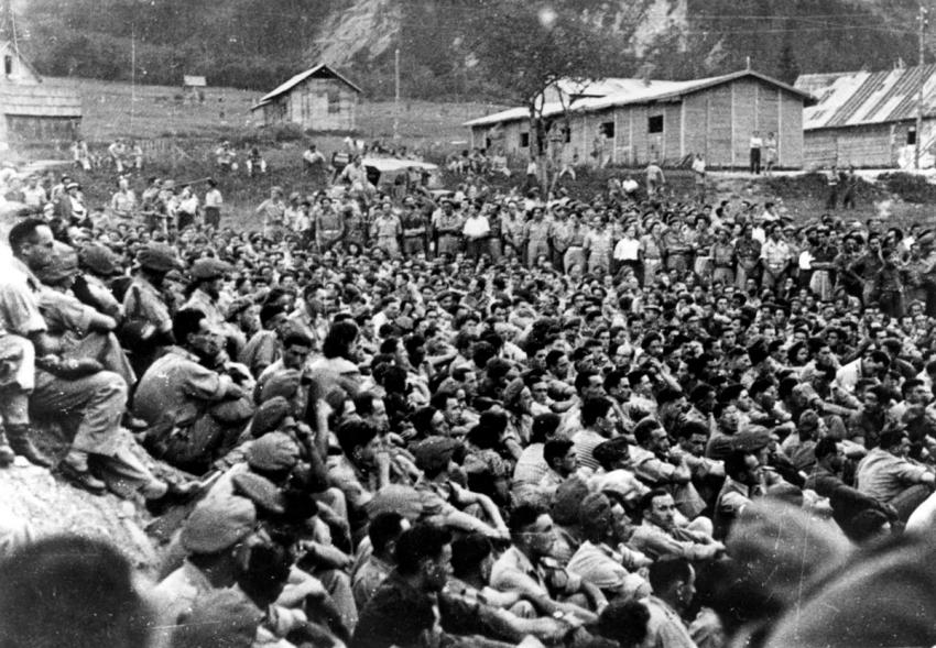Jewish Brigade soldiers in Tarvisio, Italy, at the speech of “Bricha” leader Abba Kovner, 1945