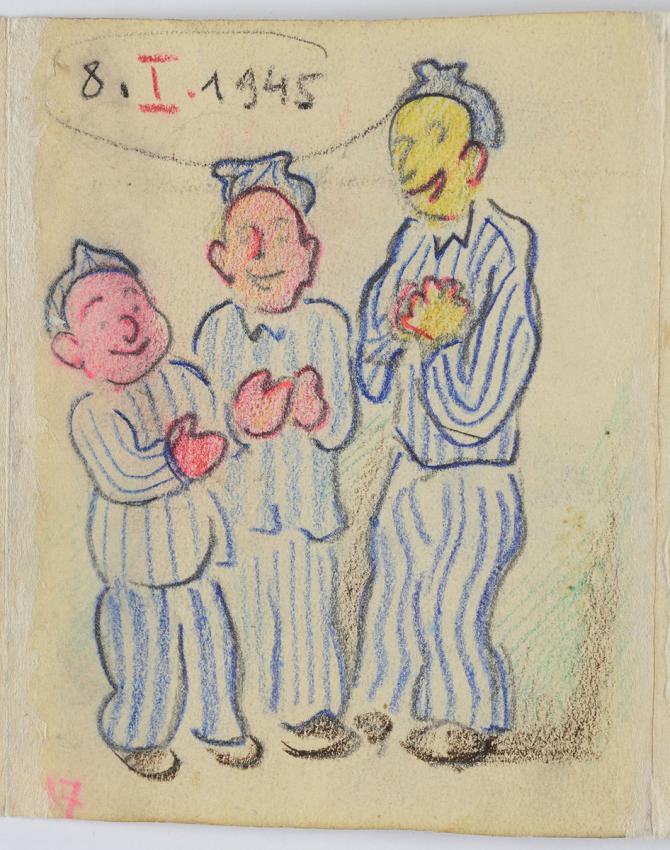 &quot;8.1.1945&quot;. Three prisoners stand together and laugh