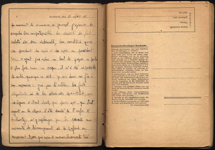 First page of the diary written by Alexander Mayer after the liberation of Auschwitz on blank forms that he found in the camp