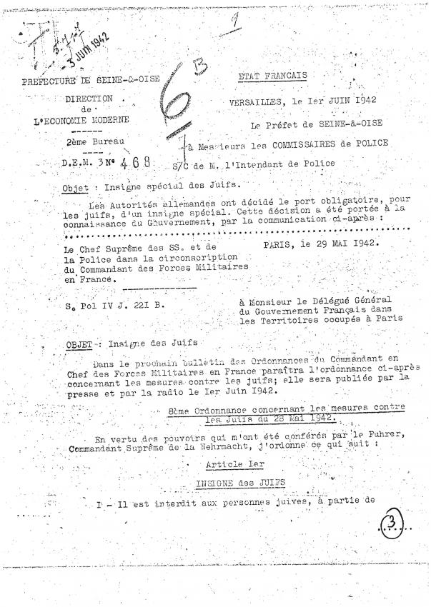 Document du 1er juin 1942 relatif à l’instauration du port obligatoire de l’étoile jaune