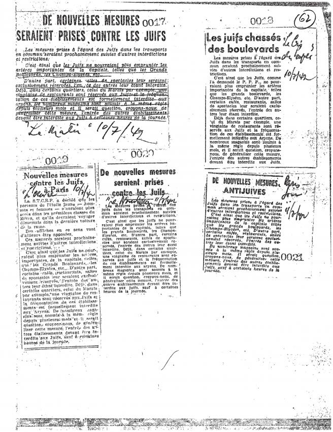 Article paru dans L'Œuvre le 10 juillet 1942 à propos de nouvelles mesures antijuives