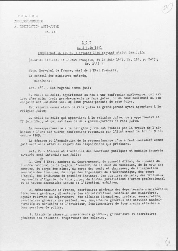 Loi du 2 juin 1941 remplaçant celle du 3 octobre 1940 portant statut des Juifs 