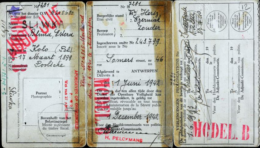Certificat d'inscription au registre des étrangers appartenant à Madame Sliwka