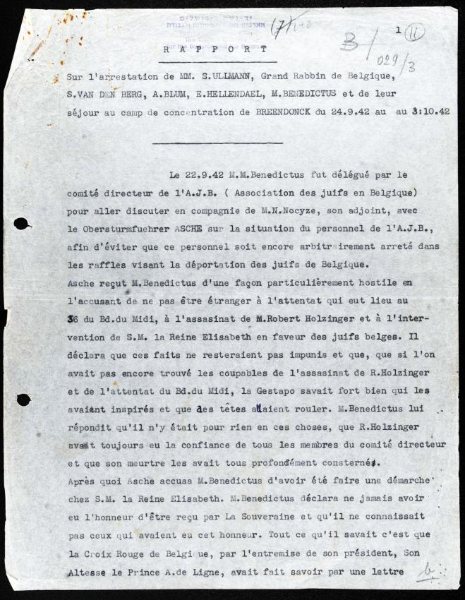 Rapport sur l'arrestation de cinq membres de l'Association des Juifs en Belgique et sur leur séjour à Breedonck à l'automne 1942
