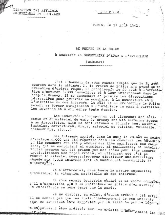 Lettre du préfet de la Seine au sujet de l'hébergement de 4 000 Juifs arrivés la veille à Drancy (21 août 1941)
