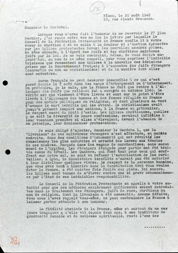 Lettre adressée par Marc Boegner, président de la Fédération protestante de France au maréchal Philippe Pétain en août 1942