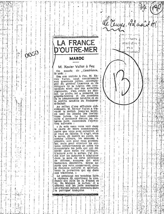 Article paru dans Le Temps le 22 août 1941 au sujet de la visite de Xavier Vallat à Fès
