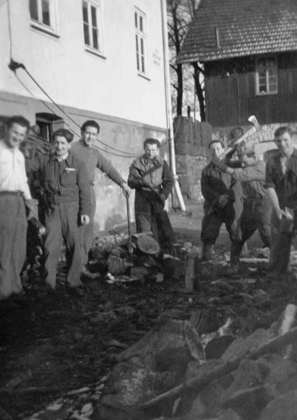 Mitglieder des Kibbutz Buchenwald beim Holzschlagen