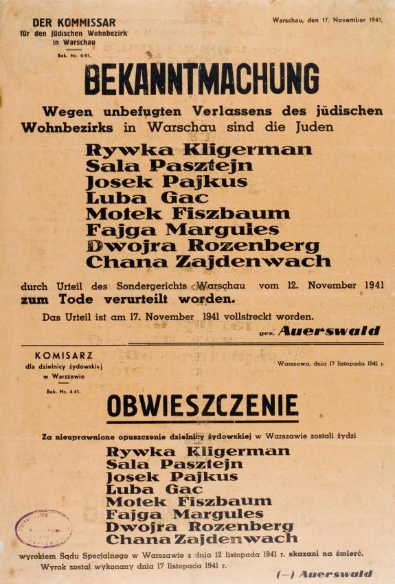 Todesstrafe für das unbefugte Verlassen des Ghettos, 17.11.1941