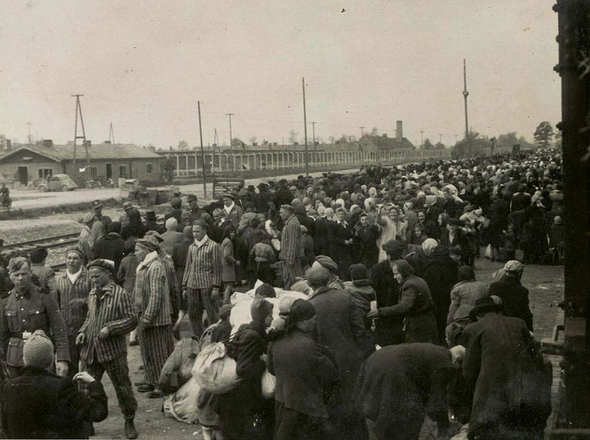 يهود وصلوا للتو إلى المعسكر قبيل عملية الفرز الموشكة على الرصيف. وكانت مثل هذه الحشود تتكرر بشكل شبه يومي خلال صيف العام 1944، حين بلغت عملية إبادة اليهود الهنغاريين ذروتها.