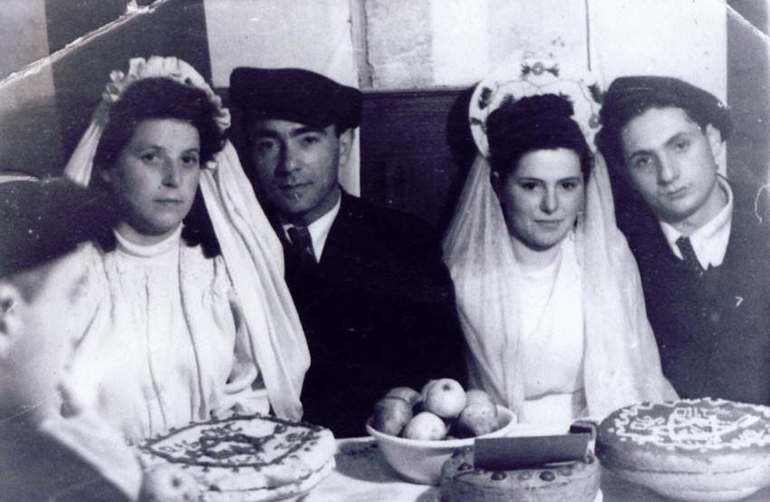 Two Couples on Their Wedding Day, Pocking DP Camp, Germany, 1946.  On the right: Tovah and Yosef Zilberberg; on the left: Rachel Spracher and Yishayahu Novogrodsky