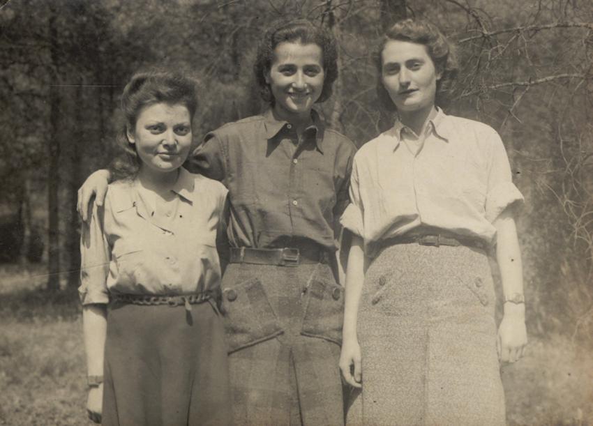 Hilde Grünbaum (from right), Anita Lasker and &quot;Little&quot; Helen, members of the Auschwitz women's orchestra, after liberation