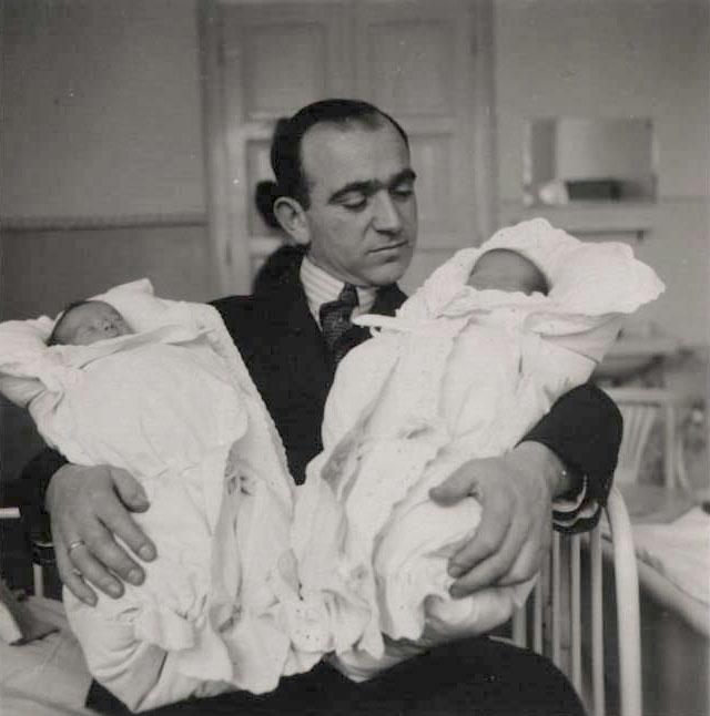 Twins András and Károly Brichta with their father Laszlo, Ujpest, Hungary 1935