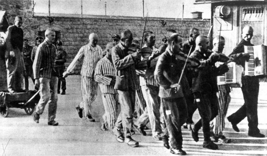 Mauthausen, Austria, An orchestra escorts prisoners destined for execution, 30.07.1942