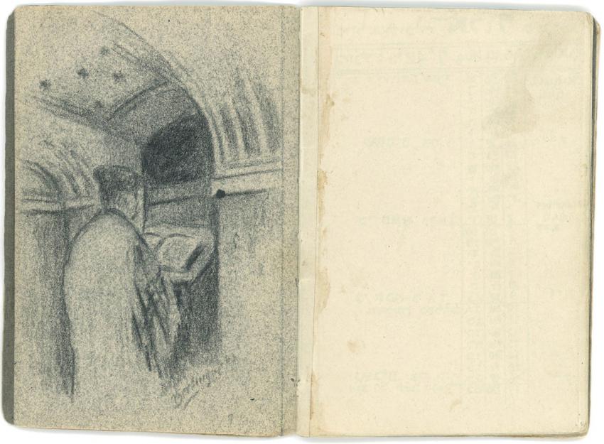 דף מתוך לוח השנה ועליו ציור של חזן מתפלל לפני העמוד בבית כנסת בגטו טרזין עם חתימתו של ברלינגר