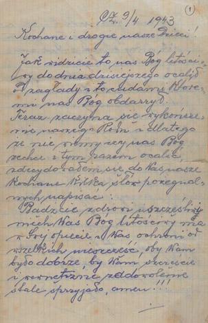 The parting letter that Zvi and Rivka Weisman sent their children, Lonek and Chaim Akiva in Eretz Israel on 9 April, 1943 from the Czortkow ghetto