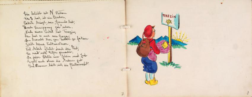 דף מאלבום בר המצווה של יז'י באדר המספר על החיים בגטו טרזין