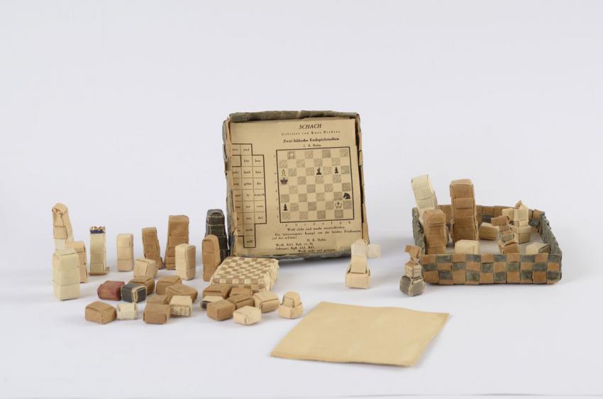 Chess set made from paper by Hermann Rautenberg in the Buchenwald camp where he was imprisoned until his execution.