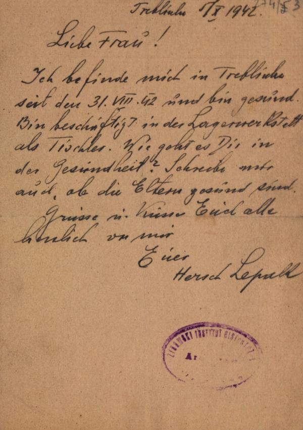 Brief vom 5.10.1942 von Hersz Lepalk aus Treblinka an seine Frau in Warschau 