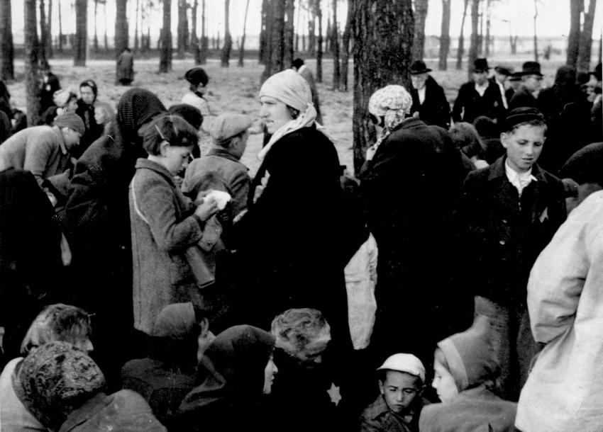 Juden, die als „arbeitsunfähig“ eingestuft wurden, warten in einem kleinen Waldstück außerhalb von Krematorium IV, bevor sie vergast werden.
