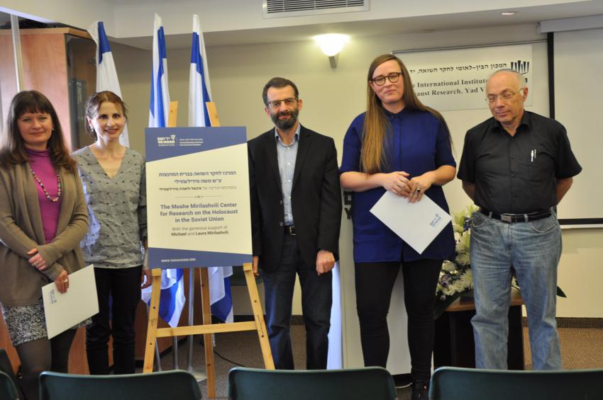Prize recipients Miriam Schultz and Irina Rebrova, with Prof. Dan Michman, Shlomit Shulhani, and  Dr. Arkadi Zeltser