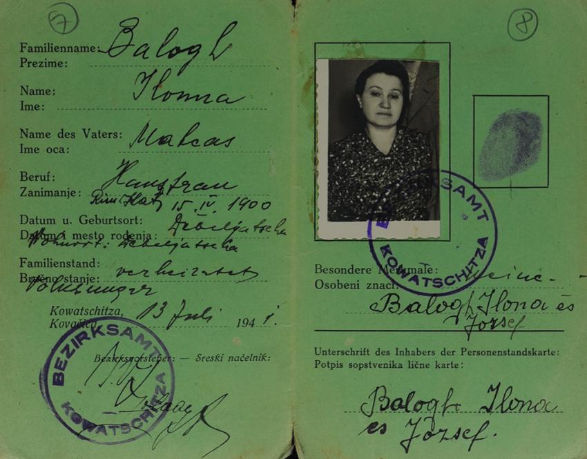 Tarjeta de identidad a nombre de Ilona Balogh, identidad falsa de Irena Güns, emitida en Kovačica el 13 de julio de 1941