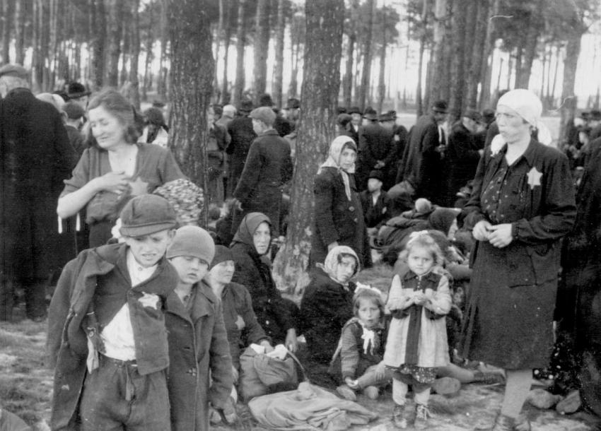 Juden, die als „arbeitsunfähig“ eingestuft wurden, warten in einem kleinen Waldstück außerhalb von Krematorium IV, bevor sie vergast werden.