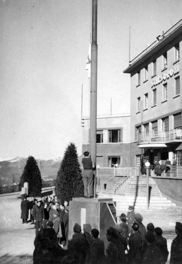Hoisting the Israeli flag at the Selvino children’s home, Italy, after the war