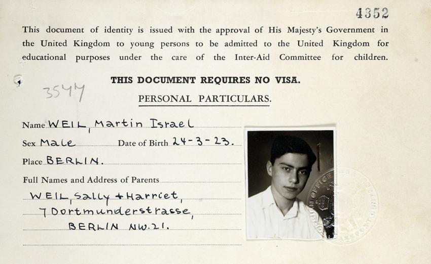 Martin-Israel Weil's identity document confirming that he traveled to England in order to study