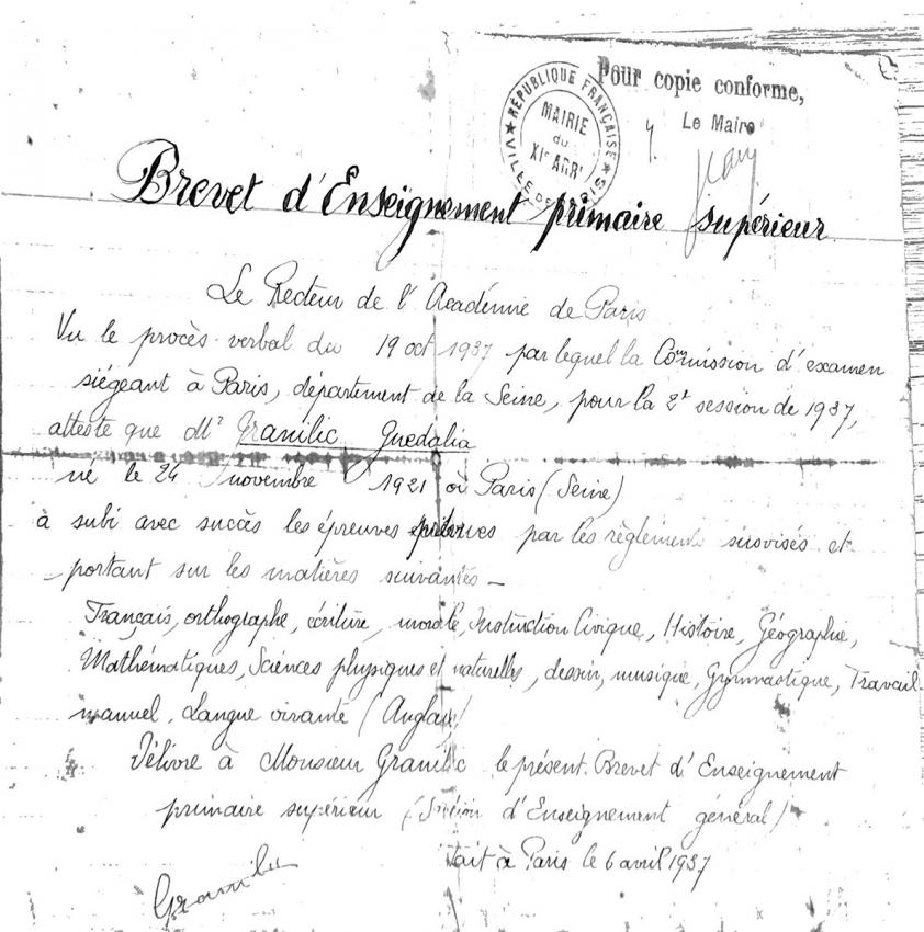 Brevet d’enseignement primaire supérieur délivré à Guédalia Granilic par le recteur de l’Académie de Paris, en 1937