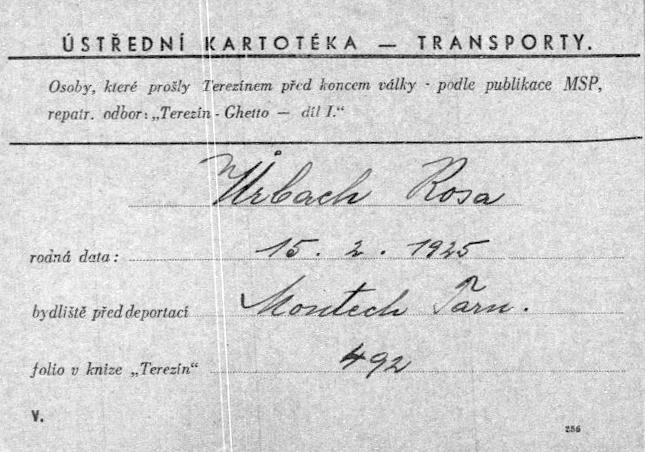 תעודת השחרור של רוז אורבך מגטו טרזין, אליו שולחה בצעדת המוות ממחנה אושוויץ
