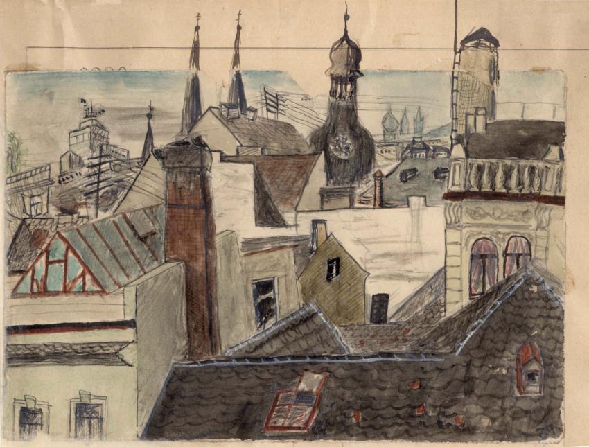Petr Ginz (1928-1944). Techos y torres de Praga, 1939. Acuarela y tinta china sobre papel