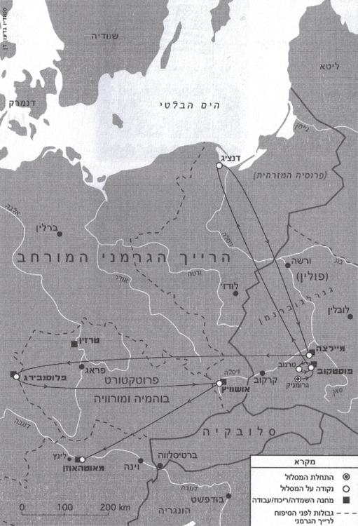 מפת הנדודים של יונה שטיינר דרך מחנות ריכוז ועבודה, 1945-1939