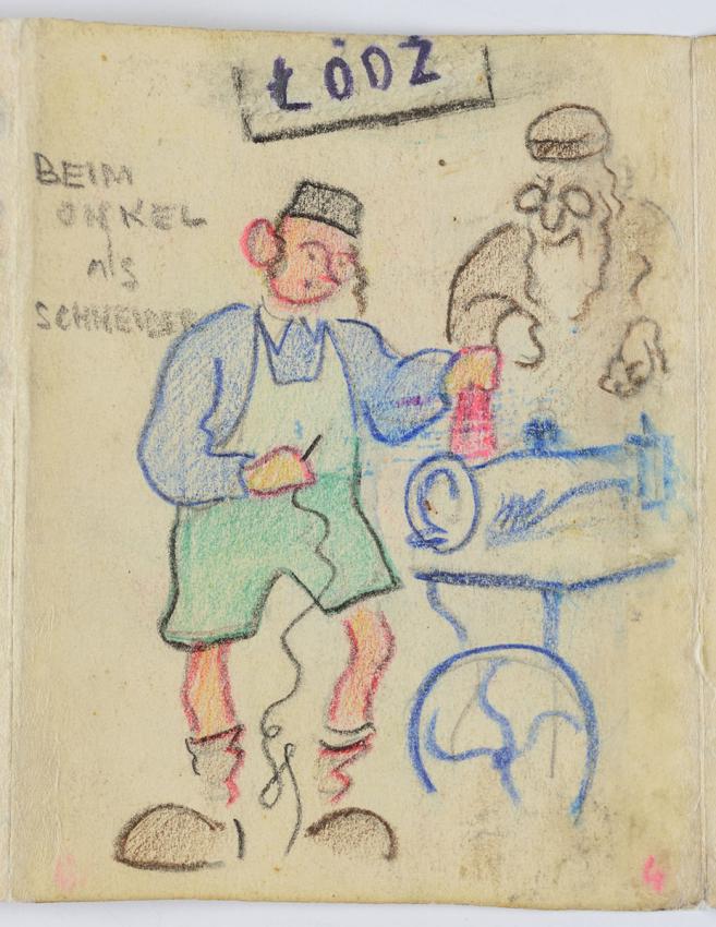 &quot;A Tailor with his Uncle&quot;. A youth with sidelocks and a cap stands with a needle and thread in hand next to a sewing machine. In the background: a bearded man with a skullcap, and a sign, &quot;Lodz&quot;